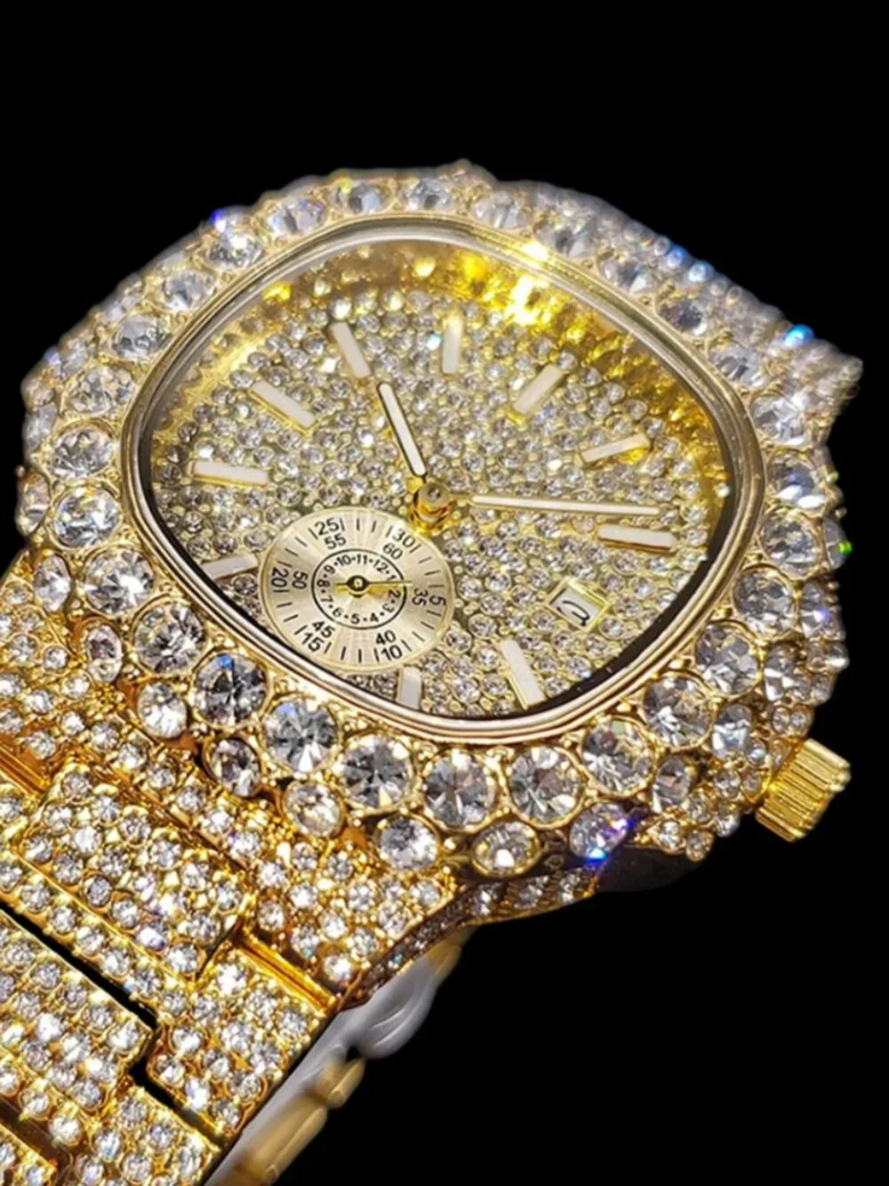 VVS Full Ice Date Special Minute Hand Iced Out Diamond Watch, Men Hip Hop Watch